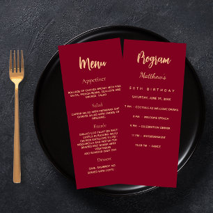 Burgundy birthday program dinner menu card