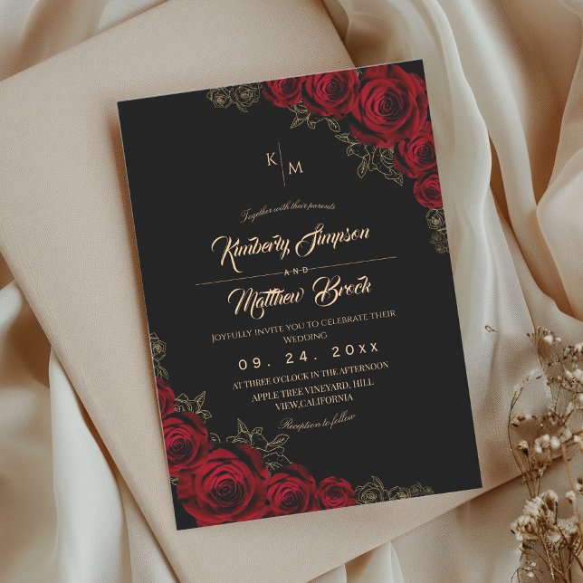 Burgundy Black and Gold Rose Floral Boho Wedding Invitation (Creator Uploaded)