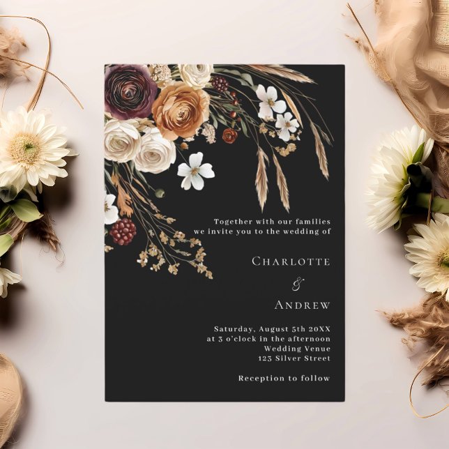 Burgundy black beige pampas florals luxury wedding invitation (Creator Uploaded)