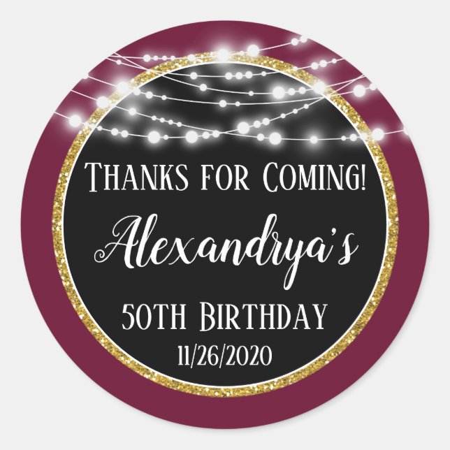 Burgundy Black Birthday Thanks For Coming Favours Classic Round Sticker (Front)