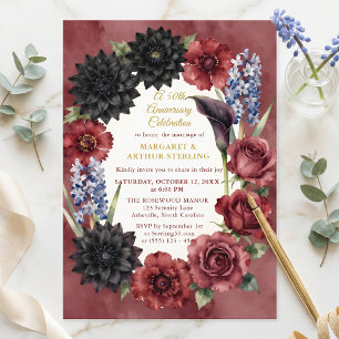 Burgundy Black Floral 50th Wedding Anniversary Invitation