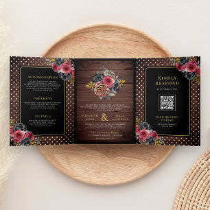 Burgundy Black Floral Roses Rustic Wood Wedding Tri-Fold Invitation