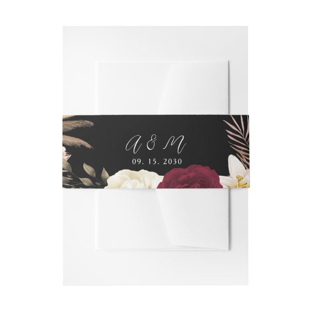 Burgundy Black Floral Wedding Belly Band Invitation Belly Band (Front Example)