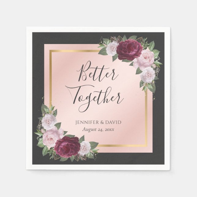 Burgundy Black Gold Blush Floral Wedding Napkin (Front)