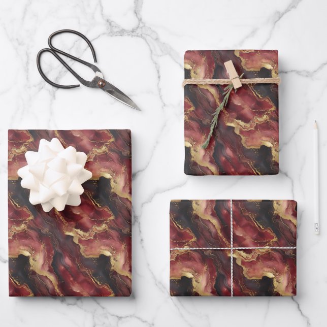 Burgundy, Black & Gold Marble Wrapping Paper Sheet (Front)