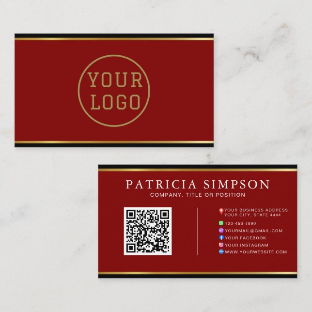 Burgundy Black Gold | QR Code, Logo & Social Media Business Card (Front/Back)