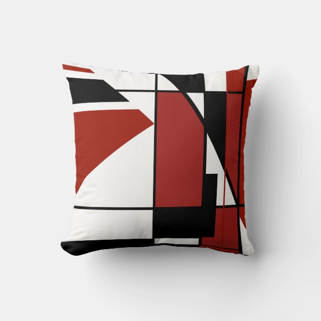 Burgundy Black on White Geometric Abstract Design Cushion (Front)