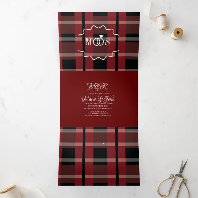 Burgundy Black Plaid White Ring Logo Wedding Tri-Fold Invitation (Inside)