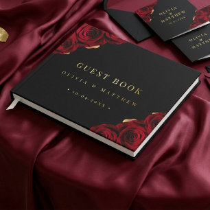 Burgundy black ⎮ Red Rose Floral Modern Wedding Guest Book