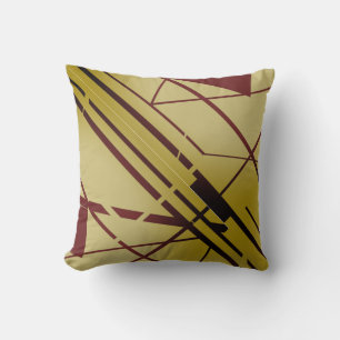 Burgundy Black Shapes Lines on Gold Flowing Design Cushion