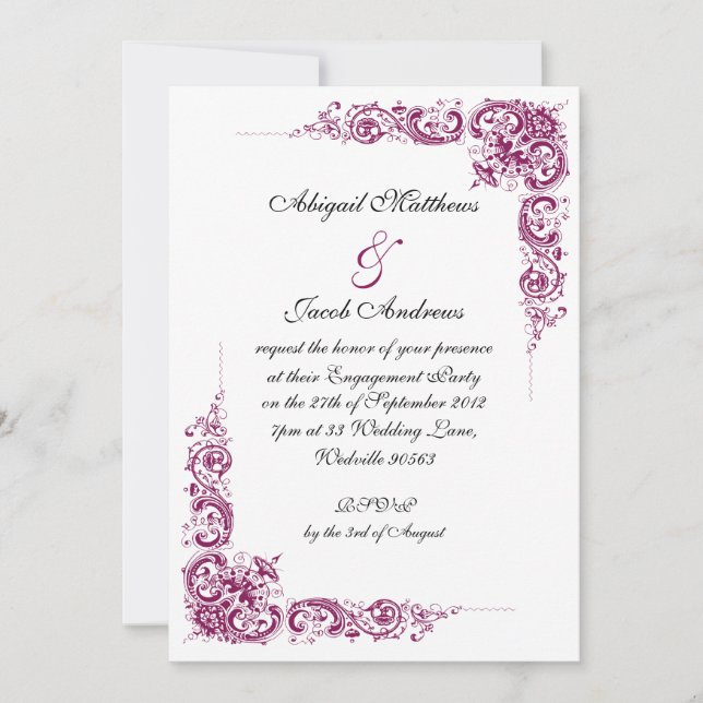 Burgundy Black Swirls Engagement Party Invitation (Front)