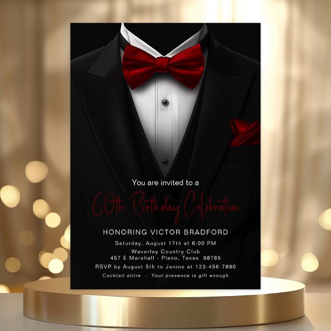 Burgundy Black Tuxedo Mens Any Number Birthday Invitation (Tuxedo invitation with burgundy bow tie and pocket square. Simply add your event details.)