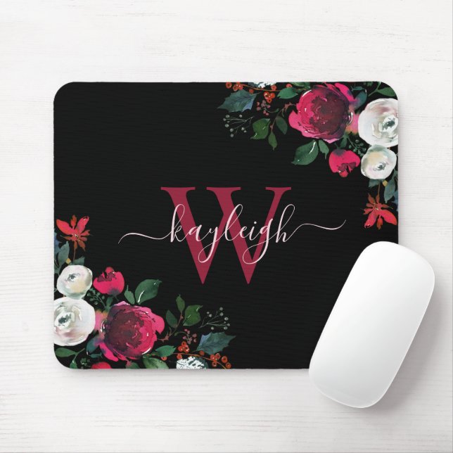 Burgundy Black Watercolor Floral Name Monogrammed Mouse Pad (With Mouse)