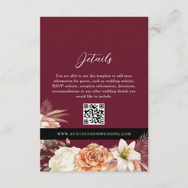 Burgundy Black Wedding Details QR Card (Front)
