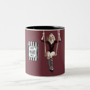 Burgundy Black White Circus Swing Blonde Lady Two-Tone Coffee Mug