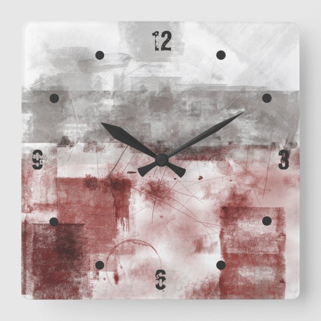 Burgundy Black White Grey abstract Square Wall Clock (Front)