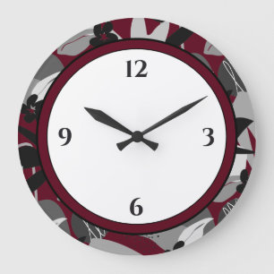 Burgundy Black & White Modern Floral Border Large Clock