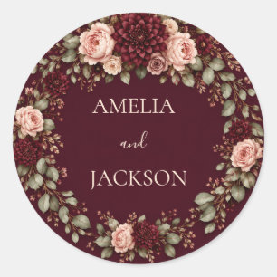 Burgundy Bloom Autumn Wedding Monogram Classic Round Sticker