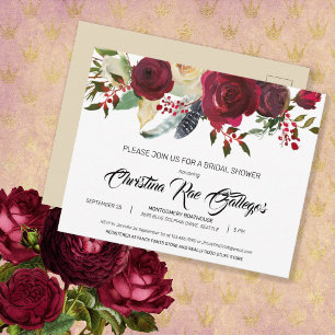 Burgundy Bloom Boho Floral Bridal Shower Invite Postcard