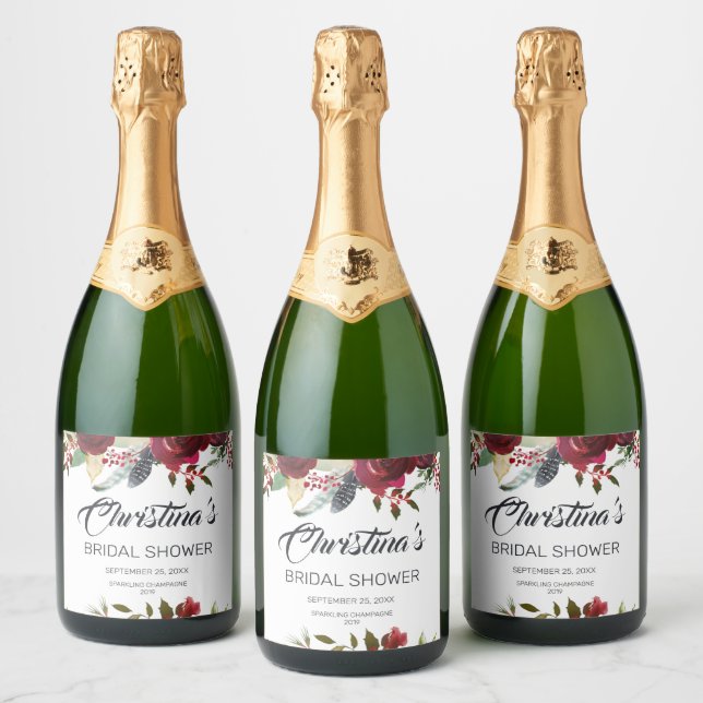 Burgundy Bloom Boho Floral Bridal Shower Sparkling Wine Label (Bottles)