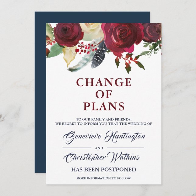 Burgundy Bloom Boho Floral Wedding Postponed Invitation (Front/Back)