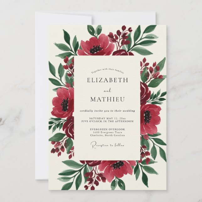 Burgundy Bloom Botanical Wedding Invitation (Front)