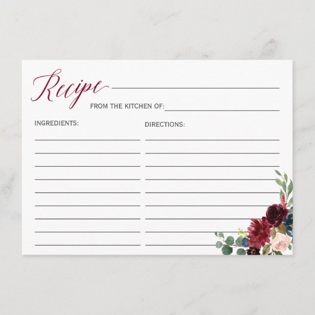 Burgundy Bloom Floral Bridal Shower Recipe Card (Front)