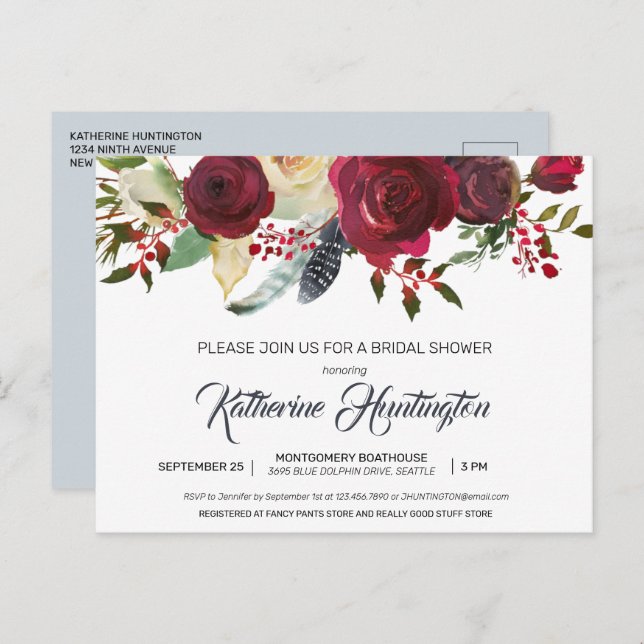 Burgundy Bloom Floral Return Address Bridal Shower Postcard (Front/Back)