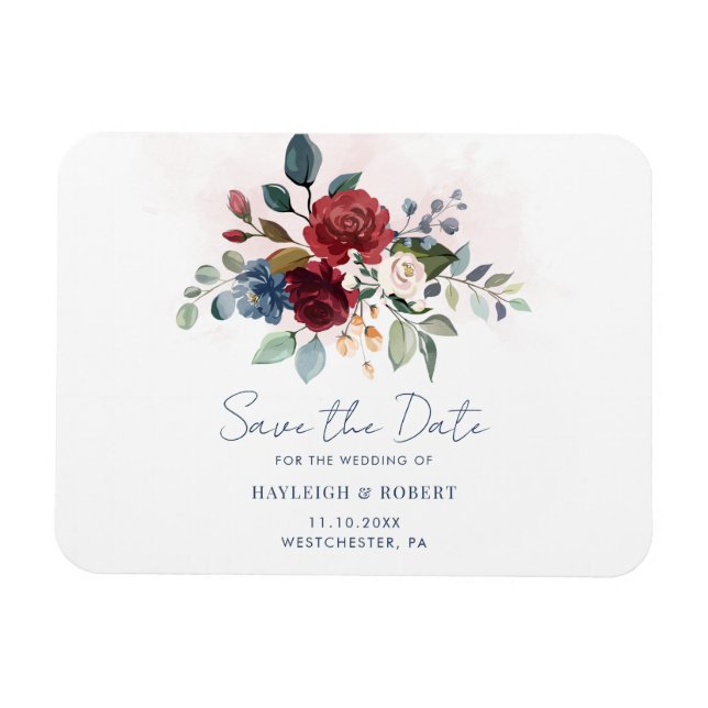 Burgundy Bloom Greenery Wedding Save the Date Magnet (Horizontal)