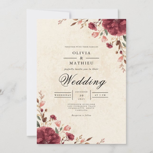 Burgundy Bloom Romantic Arch Wedding Invitation (Front)