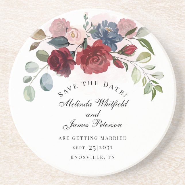 Burgundy Bloom Rustic Floral Save The Date Coaster (Front)
