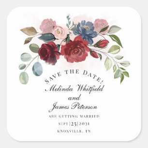 Burgundy Bloom Rustic Floral Save The Date Square Sticker