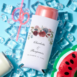 Burgundy Bloom Rustic Floral Wedding Party Seltzer Can Cooler