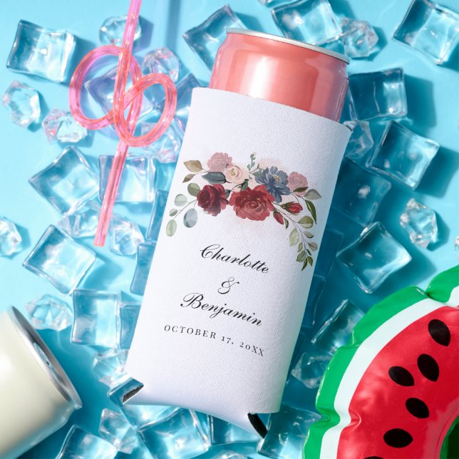 Burgundy Bloom Rustic Floral Wedding Party Seltzer Can Cooler (In Situ Summer)