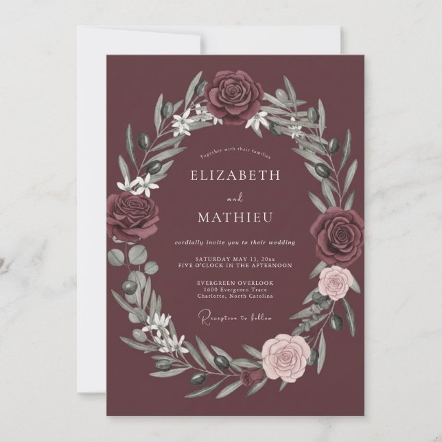 Burgundy Bloom Wreath Romance Wedding Invitation (Front)