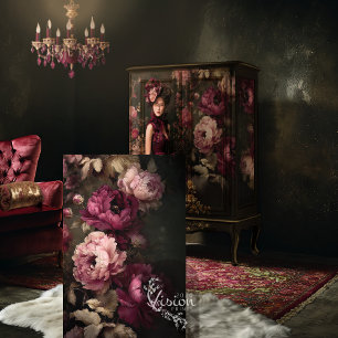 Burgundy Blooms, Dark Moody, Peony Floral Tissue Paper