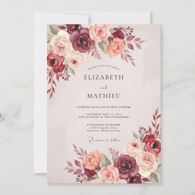 Burgundy Blossom Whimsical Wedding Invitation (Front)