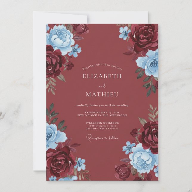Burgundy Blue Bloom Romance Wedding Invitation (Front)