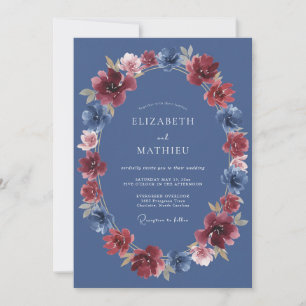 Burgundy Blue Bloom Wedding Invitation