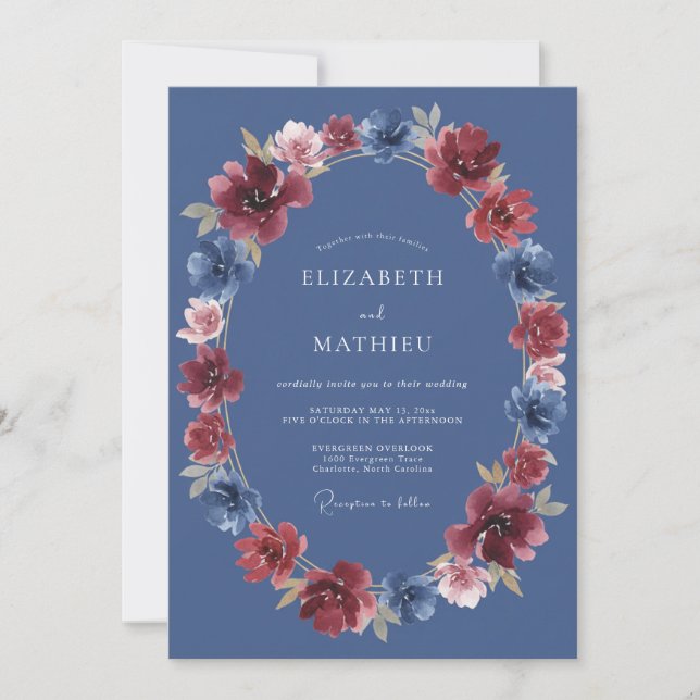Burgundy Blue Bloom Wedding Invitation (Front)