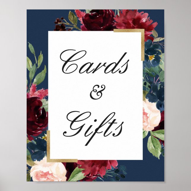 Burgundy Blue Blush Floral Cards and Gifts Sign (Front)