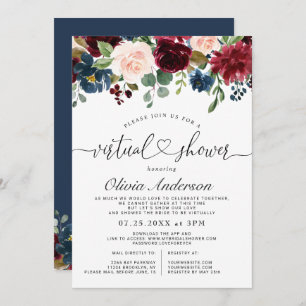 Burgundy Blue Blush Flowers Virtual Bridal Shower Invitation