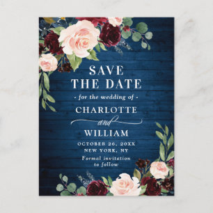 Burgundy Blue Blush Rustic Wedding  Save the Date Postcard