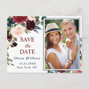 Burgundy Blue Blush Wedding Photo Save the Date Postcard