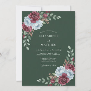 Burgundy Blue Botanical Woodland Wedding Invitation