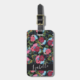 Burgundy Blue Bouquets Pattern - Name Address Luggage Tag