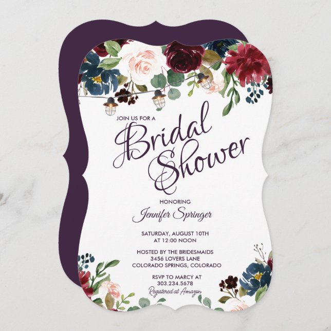 Burgundy & Blue English Flowers Bridal Shower Invitation (Front/Back)