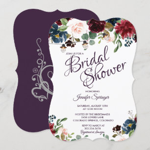 Burgundy & Blue English Flowers Bridal Shower Invitation