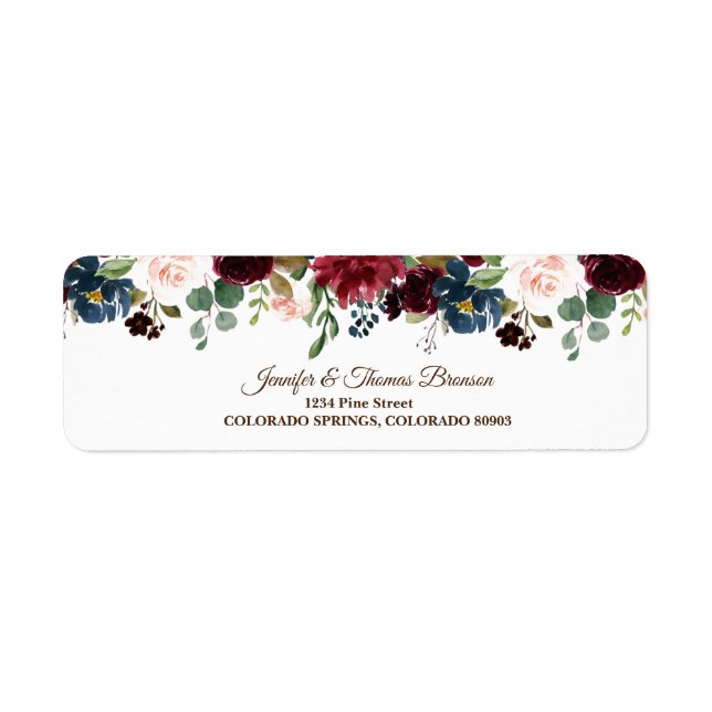 Burgundy & Blue English Flowers Return Address Label (Front)