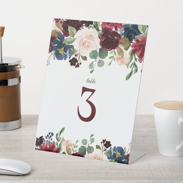 Burgundy & Blue English Flowers Table Number Pedestal Sign (In SItu)